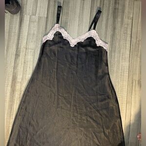 Grey & white striped slip dress with baby pink lace trim